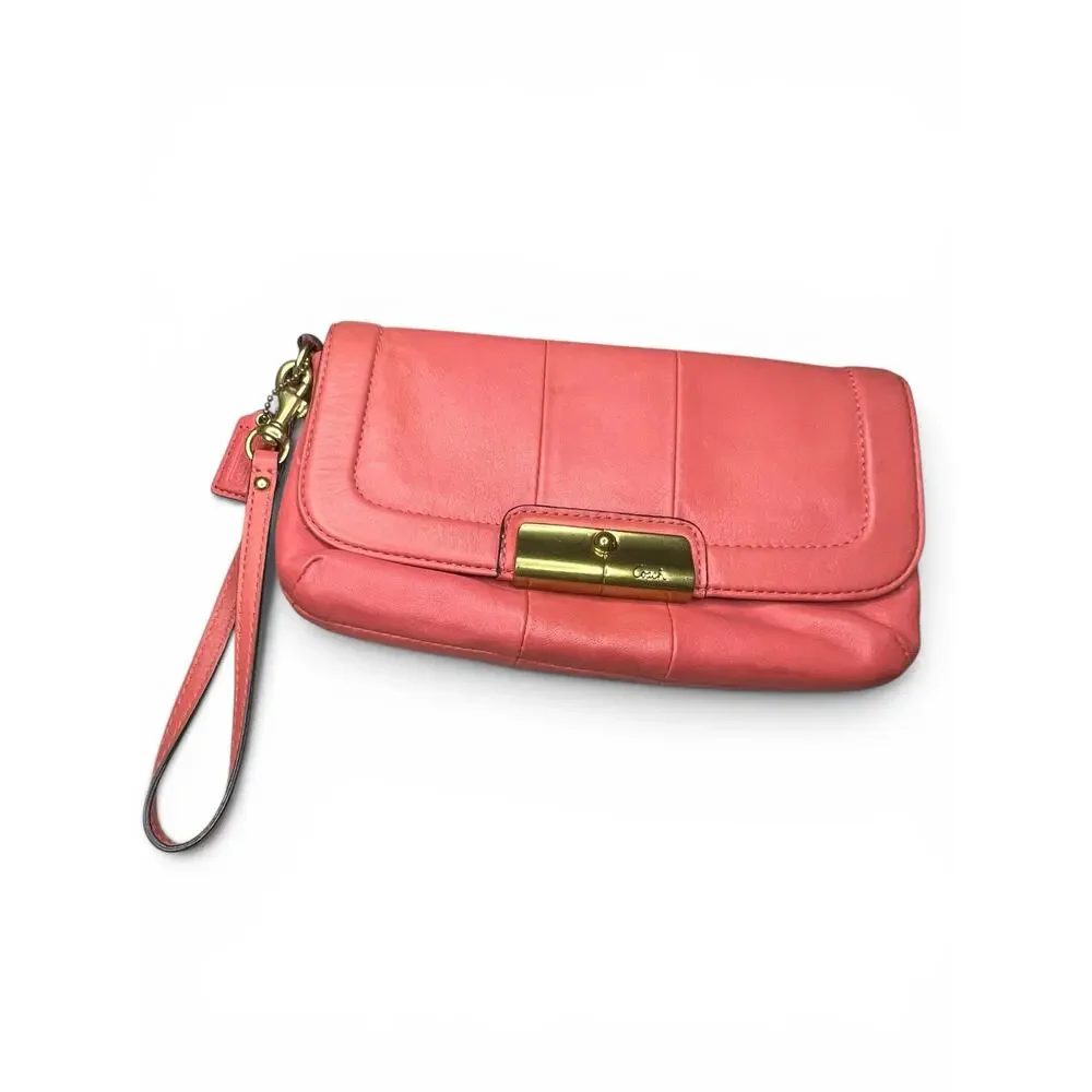 COACH Kristin Coral Pink Soft Leather Flap Wristlet Clutch Wallet EUC